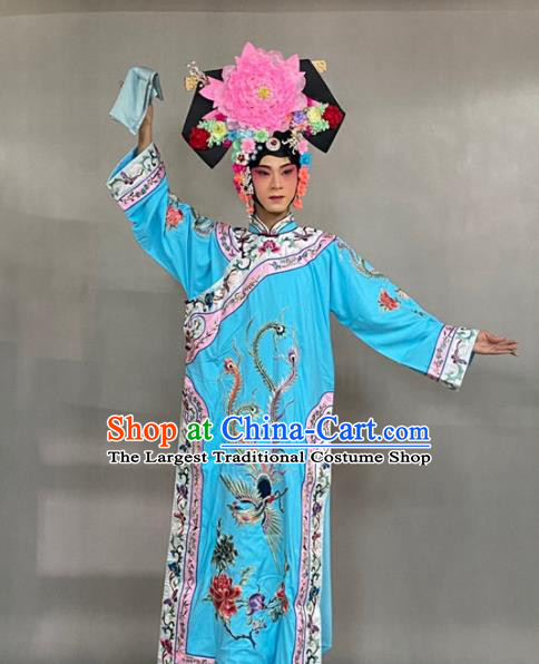 China Beijing Opera Empress Embroidered Blue Dress Traditional Opera Court Beauty Garment Costume Ancient Princess Clothing and Great Wing Headdress