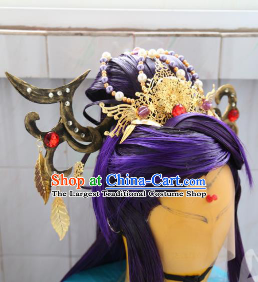 Chinese Ancient Taoist Nun Hair Accessories Cosplay Goddess Purple Wigs Headdress Traditional Puppet Show Swordswoman Hairpins Hairpieces