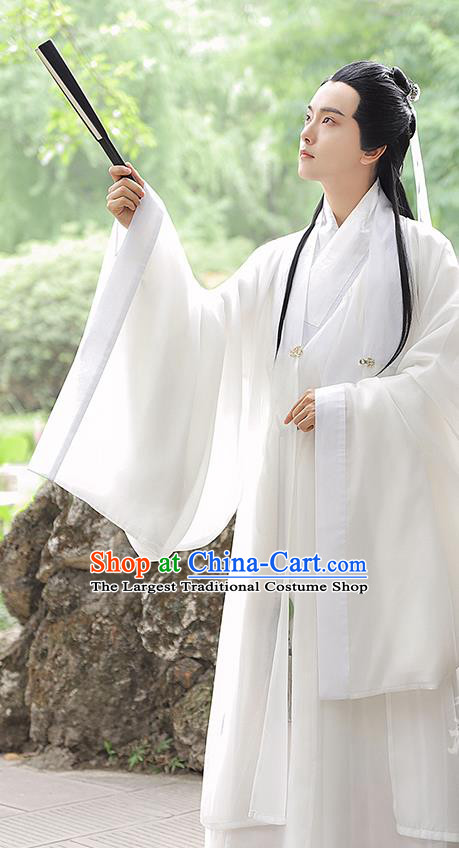 China Ming Dynasty Young Childe Garment Costumes Traditional Hanfu Historical Clothing Ancient Scholar White Dress Apparels