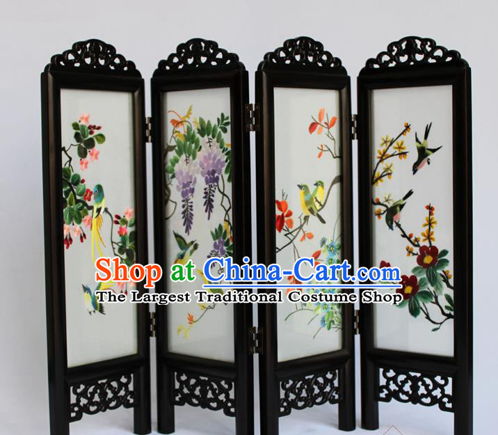 Chinese Home Ornaments Handmade Flowers Birds Folding Screen Craft Suzhou Double Sides Embroidery Screen