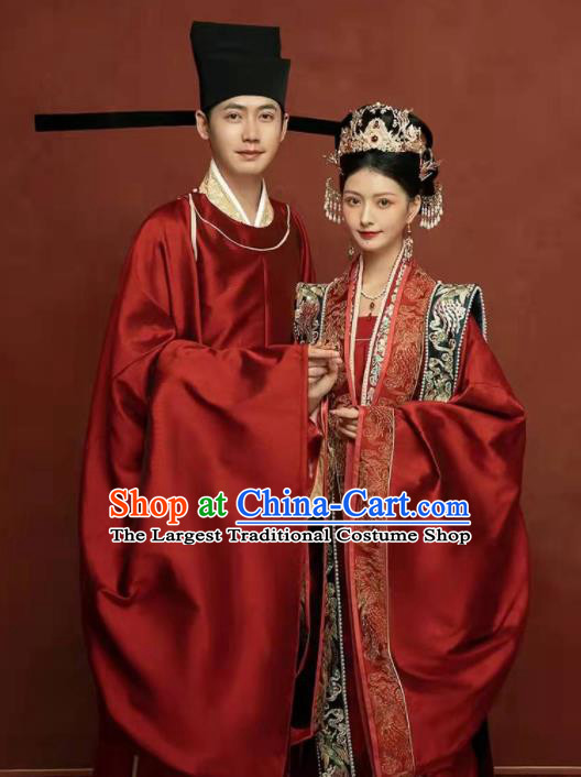 China Ancient Wedding Clothing Traditional Song Dynasty Bride and Groom Garment Costumes and Headdress Complete Set