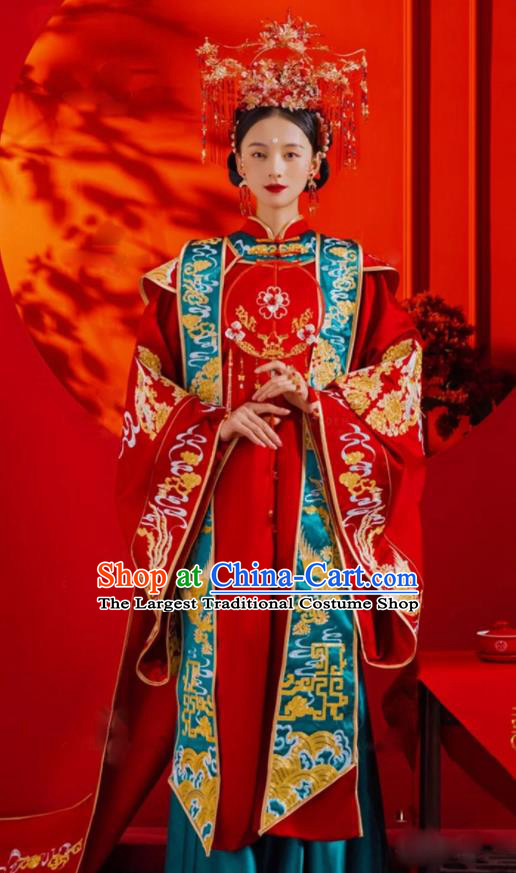 China Traditional Song Dynasty Bride Garment Costumes Ancient Empress Xia Pei Wedding Clothing and Phoenix Coronet