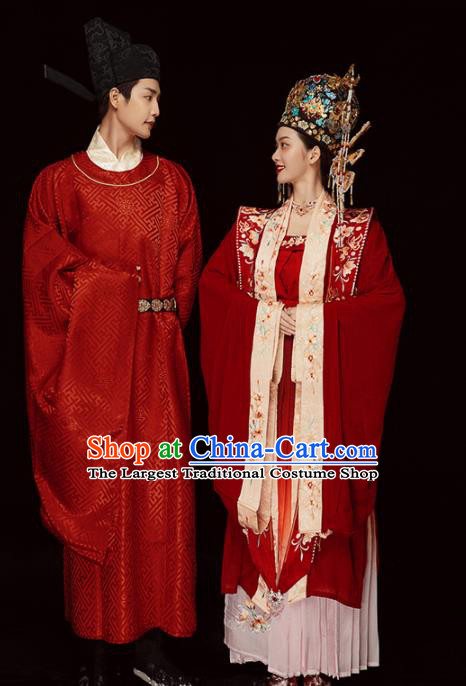 Chinese Traditional Wedding Clothing Song Dynasty Hanfu Dress Suits Ancient Bride and Groom Garment Costumes and Headdress