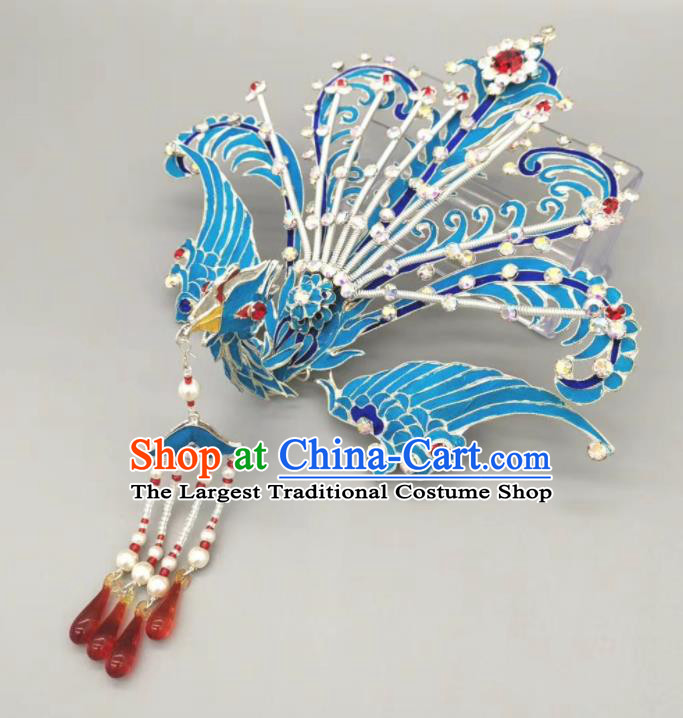 Chinese Traditional Opera Diva Headpiece Huangmei Opera Blue Phoenix Hairpin Beijing Opera Hair Jewelry