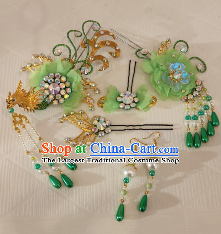 Chinese Traditional Opera Princess Green Hair Accessories Shaoxing Opera Actress Phoenix Hairpins Beijing Opera Hua Tan Headdress