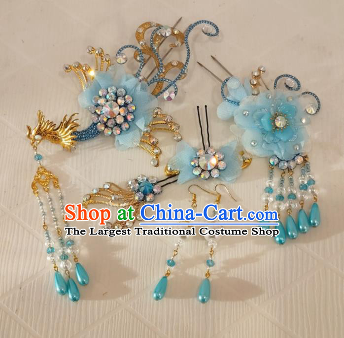 Chinese Beijing Opera Hua Tan Headdress Traditional Opera Princess Light Blue Hair Accessories Shaoxing Opera Actress Phoenix Hairpins