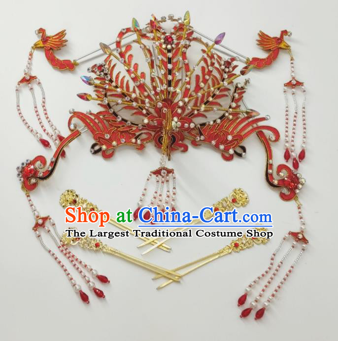 Chinese Huangmei Opera Wedding Headpieces Beijing Opera Hua Tan Red Phoenix Crown Traditional Opera Empress Hair Accessories