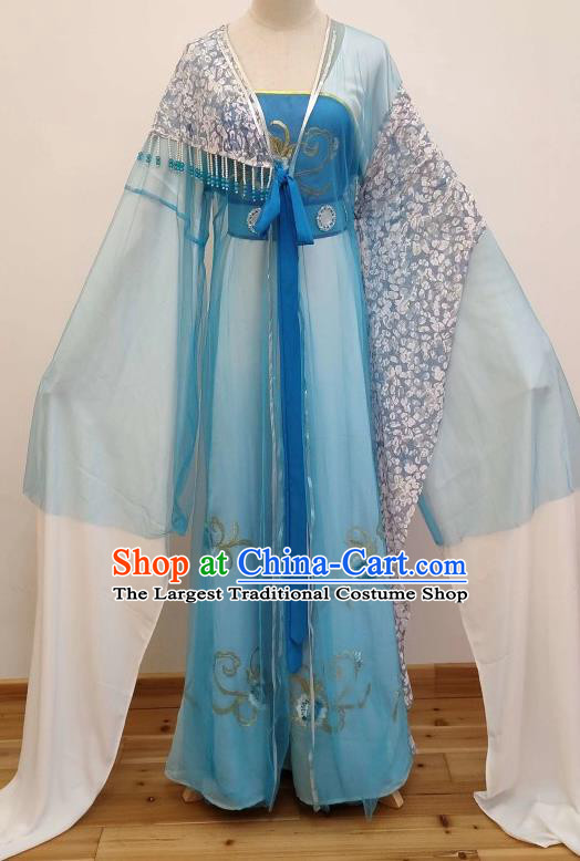 China Ancient Fairy Clothing Shaoxing Opera Actress Blue Dress Peking Opera Hua Tan Costume