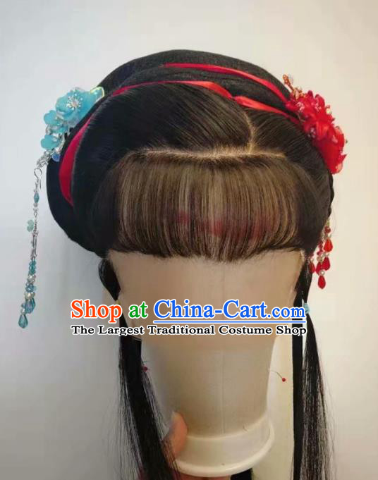 Chinese Beijing Opera Actress Hairpieces Traditional Opera Servant Girl Full Lace Wig Shaoxing Opera Maid Lady Headdress