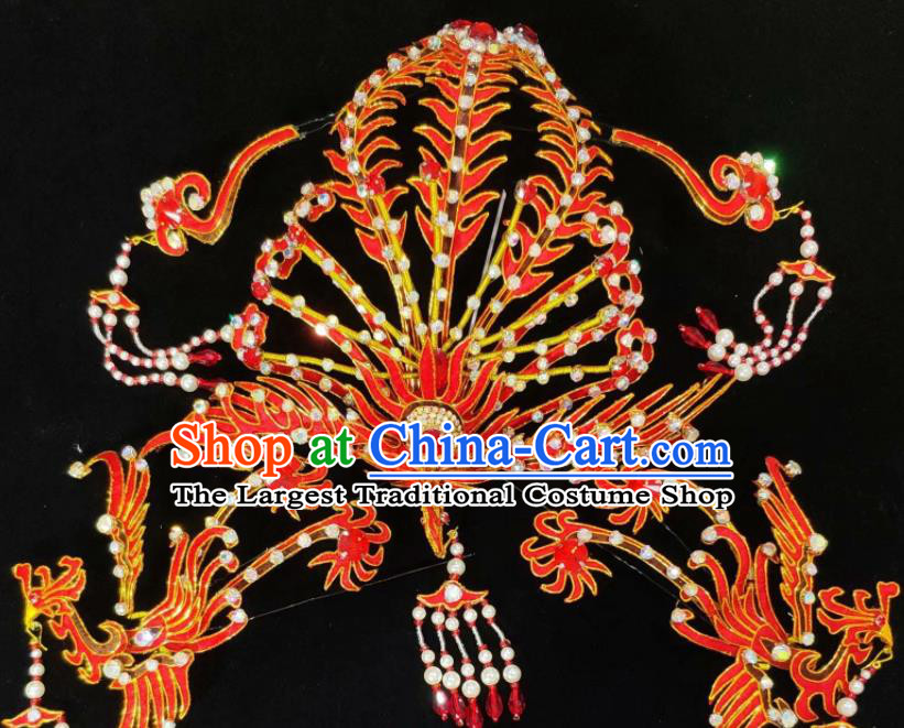 Chinese Beijing Opera Hua Tan Red Phoenix Hairpins Traditional Opera Hair Accessories Shaoxing Opera Princess Headdress