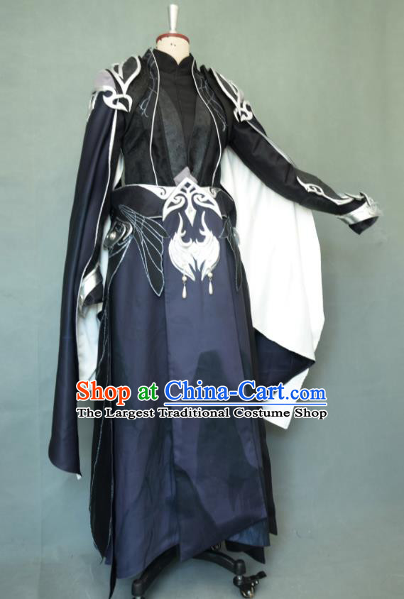 Chinese Cosplay Swordsman Navy Blue Clothing Jian Xia Qi Yuan Hua Ge  Apparel Ancient Knight Garment Costumes