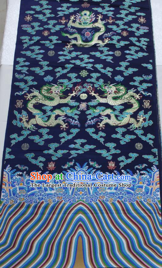 China Classical Dragons Pattern Navy Blue Brocade Fabric Ancient Imperial Robe Silk Fabrics Traditional Court Drapery