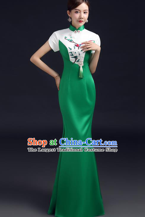 Chinese Embroidered Magnolia Qipao Dress New Year Full Dress Traditional Green Satin Qipao Modern Cheongsam