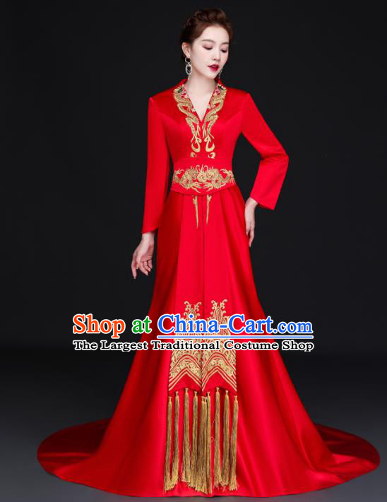 China Dinner Party Formal Garment New Year Red Dress Professional Embroidery Full Dress