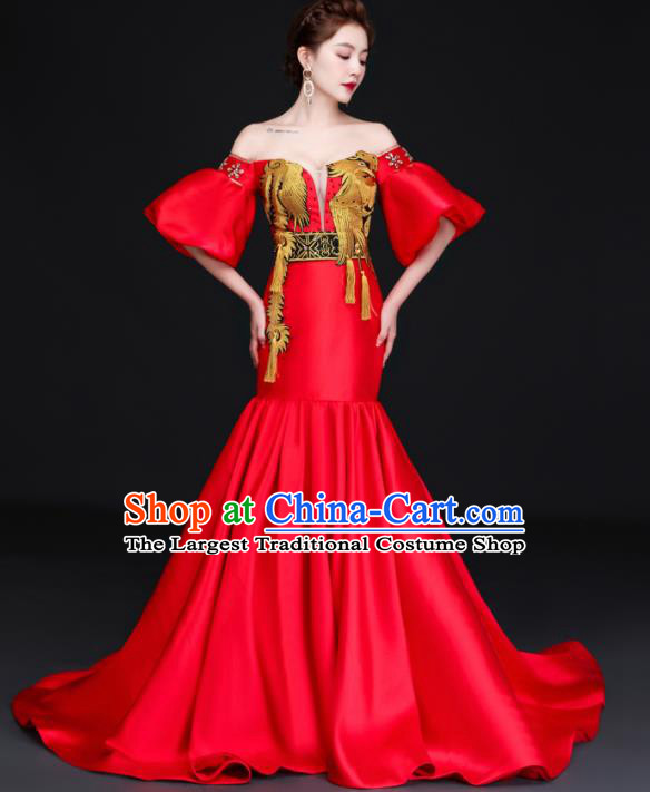 China Dinner Party Formal Garment New Year Compere Red Flare Dress Professional Embroidery Phoenix Full Dress