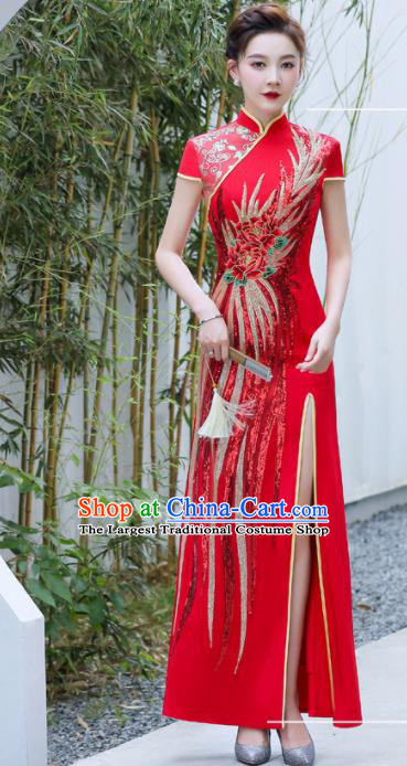 Chinese Wedding Red Full Dress Bride Embroidered Peony Qipao Modern Cheongsam Traditional Qipao Dress