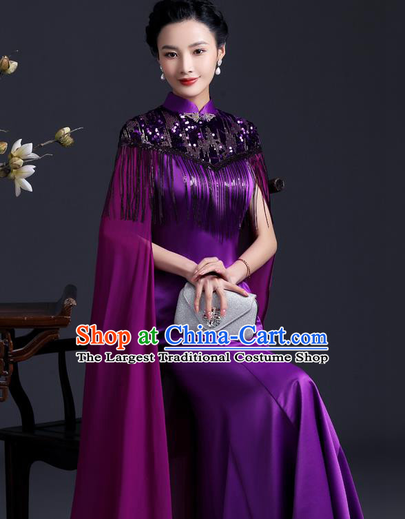 Chinese Black Tassel Qipao Clothing Modern Fishtail Cheongsam Traditional Purple Qipao Dress Hostess Full Dress