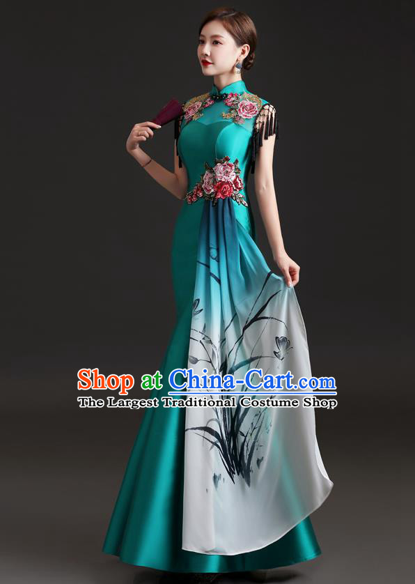 Chinese Modern Cheongsam Traditional In Painting Orchids Dress Compere Full Dress Embroidered Green Qipao Clothing