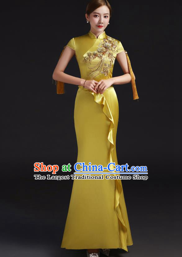 Chinese Embroidered Yellow Qipao Clothing Modern Cheongsam Traditional New Year Dress Compere Full Dress