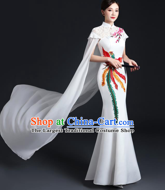 Chinese Modern White Mantle Cheongsam Traditional Embroidered Phoenix Dress Compere Full Dress Classical Qipao Clothing