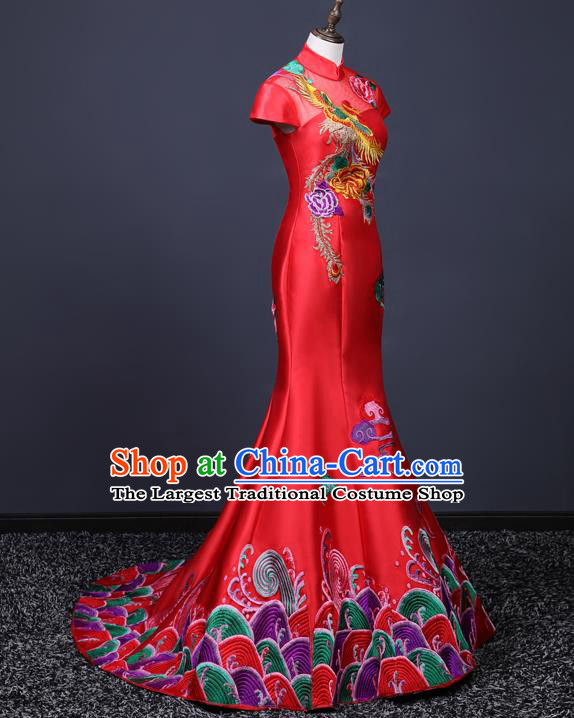 China Professional Catwalks Embroidery Phoenix Full Dress New Year Formal Costume Compere Red Trailing Dress