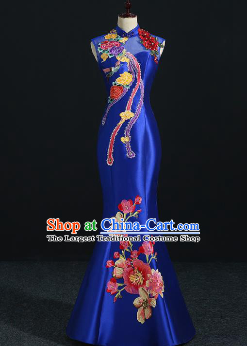 China Compere Royal Blue Qipao Dress Professional Catwalks Embroidery Peach Blossom Full Dress New Year Formal Costume