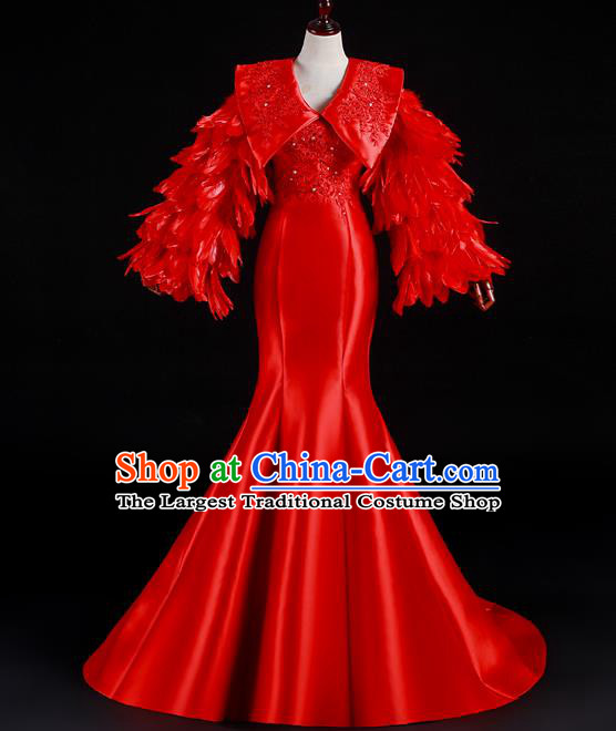 China New Year Formal Costume Compere Red Feather Sleeves Dress Professional Catwalks Full Dress