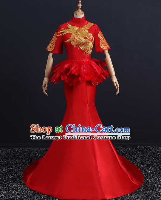 China Compere Red Feather Dress Professional Catwalks Embroidery Phoenix Full Dress New Year Formal Costume