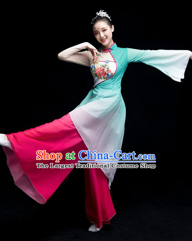 Chinese Fan Dance Garment Costumes Umbrella Dance Gradient Magenta Green Dress Classical Dance Clothing