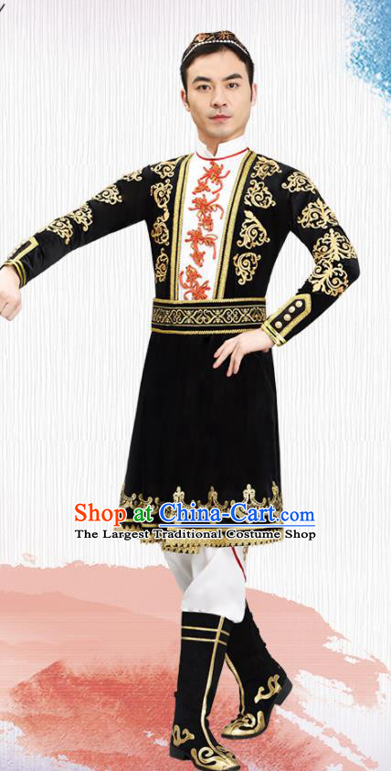 Chinese Ethnic Male Group Dance Clothing Xinjiang Dance Black Outfit Uyghur Nationality Dance Costume