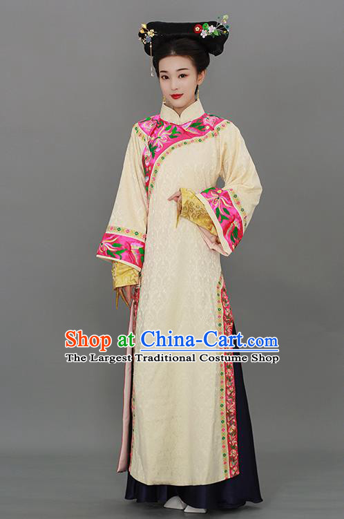 Chinese Court Empress Beige Dress Qing Dynasty Manchu Lady Costume Ancient Imperial Consort Clothing