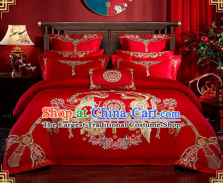 Top Embroidery Dragon and Phoenix Four Pieces Set Cotton Bedding Items Chinese Wedding Bedclothes