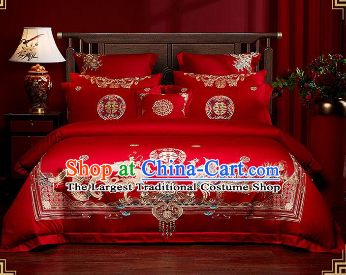 Top Chinese Red Wedding Bedclothes Embroidery Dragon and Phoenix Four Pieces Set Cotton Bedding Items