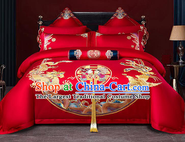 Chinese Long Staple Cotton Bedding Items Top Wedding Bedclothes Embroidery Dragon and Phoenix Red Four Pieces Set