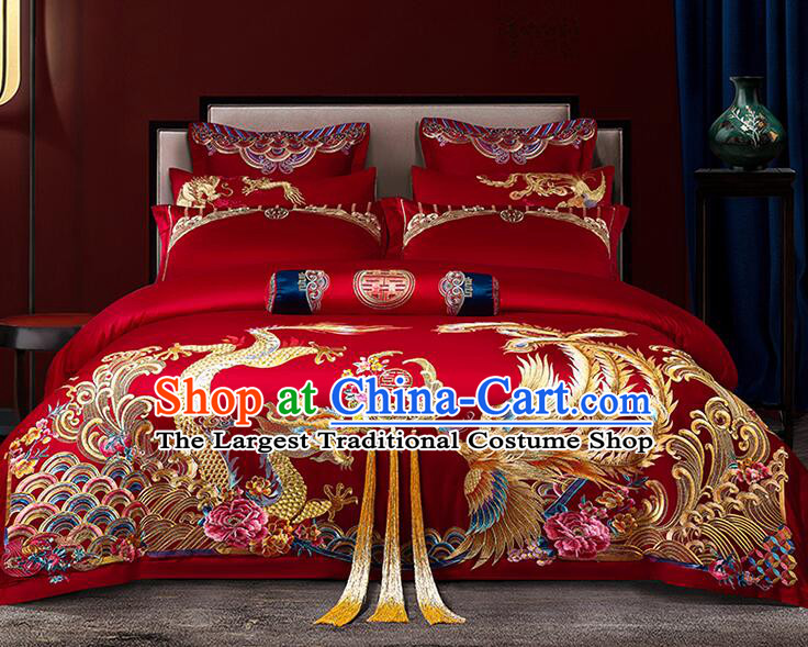 Chinese Embroidery Dragon and Phoenix Peony Red Four Pieces Set Long Staple Cotton Bedding Items Top Wedding Bedclothes