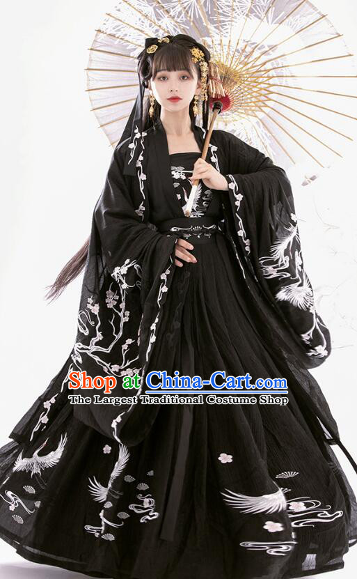 Chinese Tang Dynasty Embroidered Ruqun Black Dresses Traditional Garment Costumes Ancient Princess Hanfu Clothing