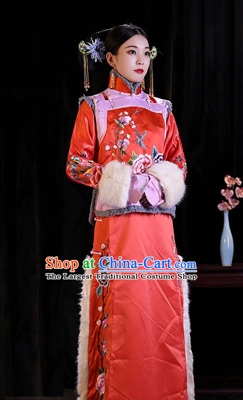 Chinese Ancient Imperial Consort Winter Clothing Court Woman Dress Qing Dynasty Court Empress Red Garment Costumes