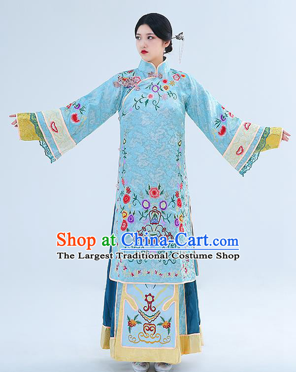 Chinese Late Qing Dynasty Young Mistress Garment Costumes Ancient Young Woman Clothing Traditional Blue Dress