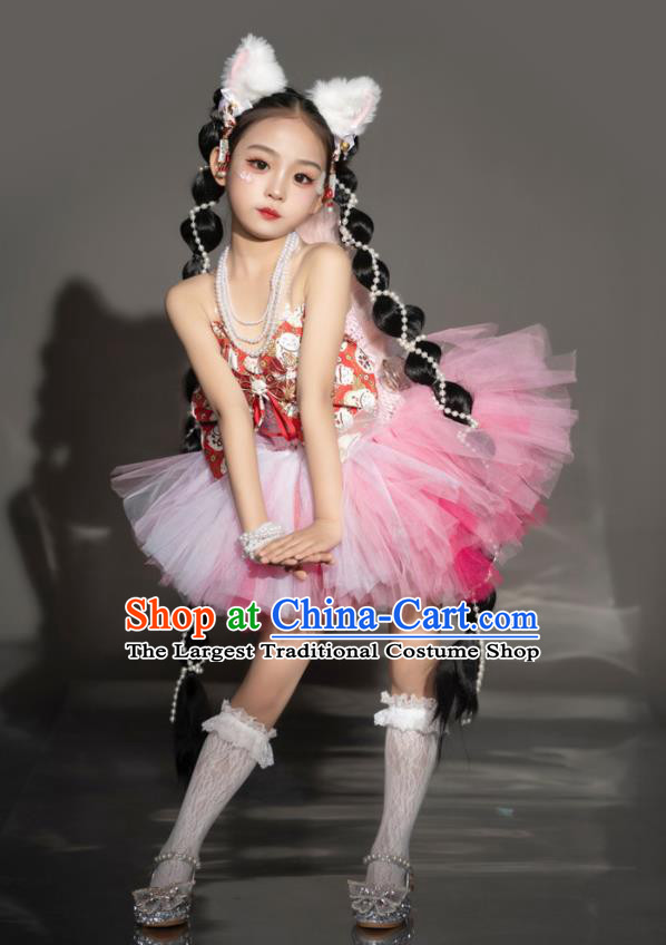 Children Modern Fancywork Garment Costume Girls Stage Show Clothing Fashion Catwalks Pink Veil Dress