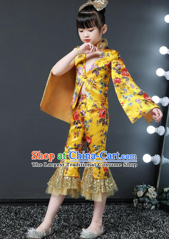 Girls Modern Fancywork Garment Costume Stage Show Clothing Children Fashion Catwalks Golden Suit