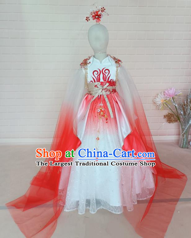 Chinese Stage Show Oriental Beauty Clothing Children Fashion Catwalks White Veil Dress Girls Modern Fancywork Garment Costume