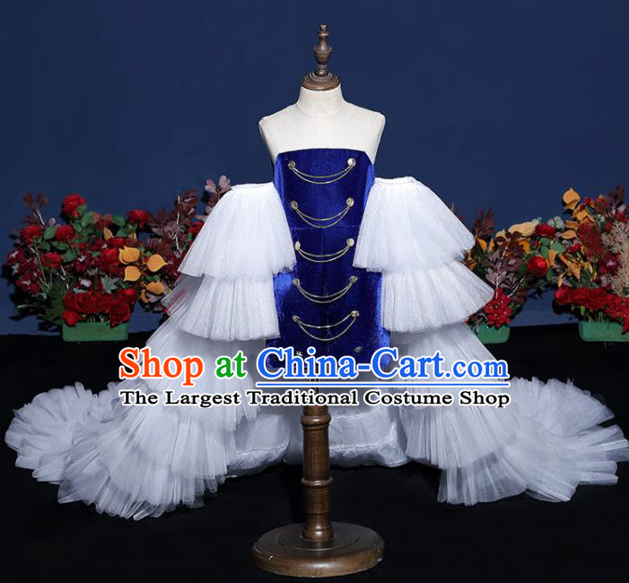 Girls Modern Fancywork Garment Costume Modern Show Clothing Children Fashion Catwalks Royal Blue Velvet Dress