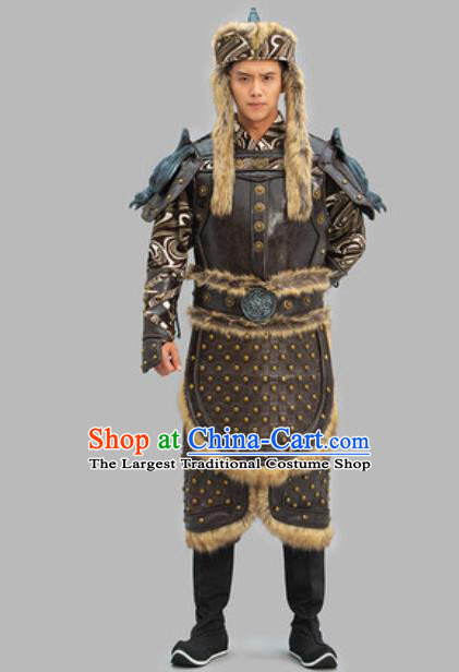 Chinese Traditional Mongolian Leather Armor and Helmet Ancient General Clothing Yuan Dynasty Warrior Garment Costumes