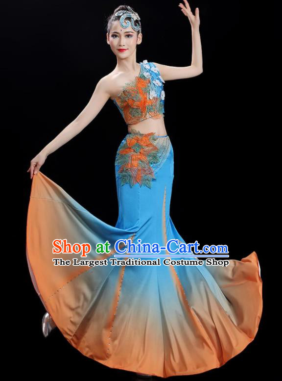 Chinese Woman Solo Dance Dress Dai Nationality Dance Costume Stage Performance Blue Outfit Peacock Dance Clothing