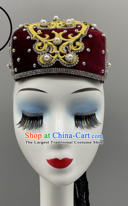 Chinese Ethnic Woman Dance Headwear Stage Performance Braids Headpiece Xinjiang Dance Wine Red Hat Uyghur Nationality Dance Pearls Hat