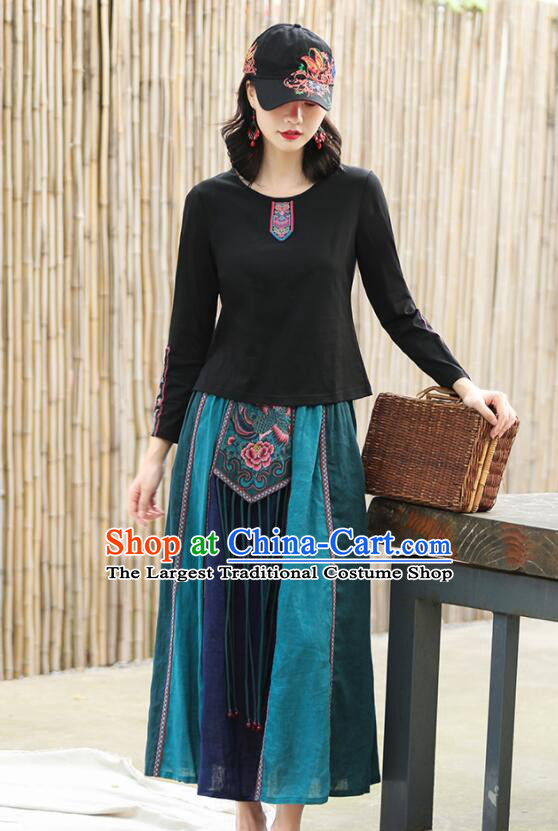 Traditional Chinese Dark Green Skirt National Pleated Skirt Elegant Embroidery Long Green Dress Women Bust Skirt