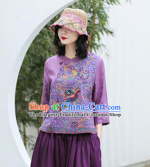 Chinese Traditional Cheongsam Blouse Qipao Upper Outer Garment Embroidered Purple Flax Shirt