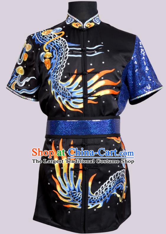 Best Kung Fu Costumes Traditional Competition Clothing Embroidered Dragon Black Outfit Martial Arts Changquan Uniforms