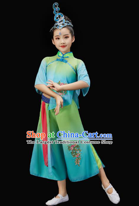 Chinese Children Fan Dance Green Uniform New Year Performance Garment Costume Folk Dance Clothes Traditional Yangko Dance Clothing