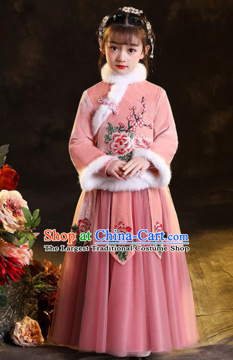 Chinese Stage Performance Garment Costumes Folk Dance Pink Dress Traditional New Year Clothing Children Winter Uniform